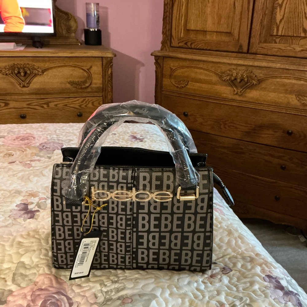 Bebe Gray/Black  Satchel with Monogram Pattern and Glossy Finish